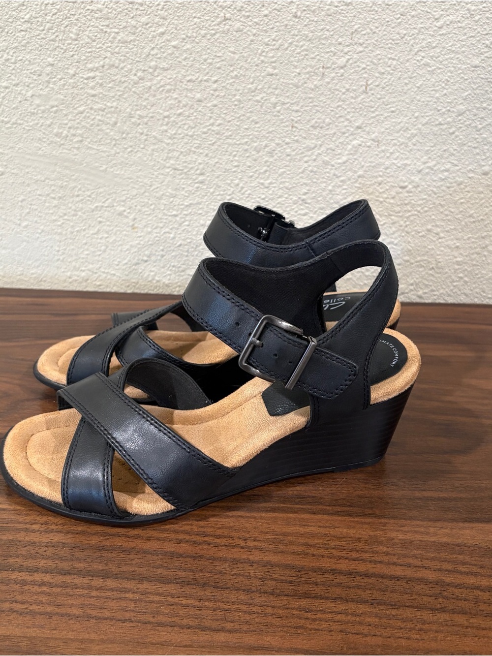 Black Leather Crisscross Wedge Sandals - Women's Comfort Heels - Picture 6 of 6